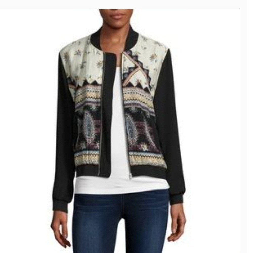 Society Girl Paisley Floral Bomber Jacket Women XL‎ Black Multi Boho Chic